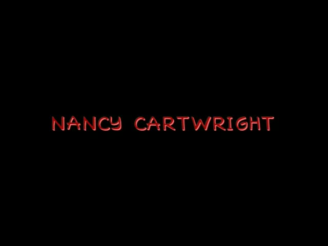 No animated characters appear; the moment is a black screen with red credit text naming voice actors in sequence: Julie…