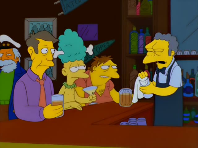 At the bar of Moe's tavern, Marge with her tall blue hair and a martini glass sits beside Barney, the heavy drunk with messy…