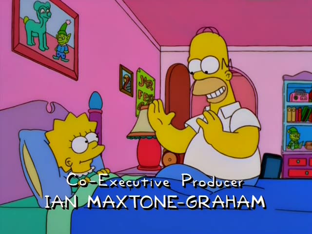 Lisa Simpson lies in a bed with a blue blanket in her pink bedroom, watching Homer Simpson, the bald, heavy man in a white…