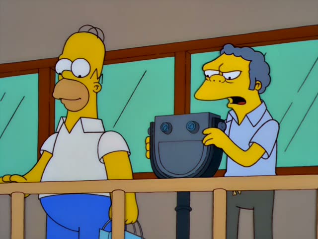 Homer and a grey-haired man in a light blue shirt lean on a wooden railing at a lookout, where the man works a coin-operated…