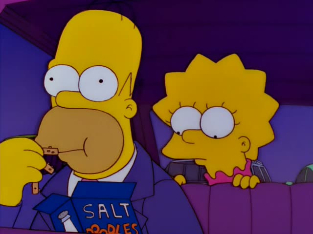 Homer and Lisa sit in the back of a car, Homer holding a blue box of Salt Papples-style snacks and chewing