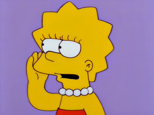 Lisa first speaks and gestures against a plain purple background, then cups her hand to her ear and grimaces while Marge…