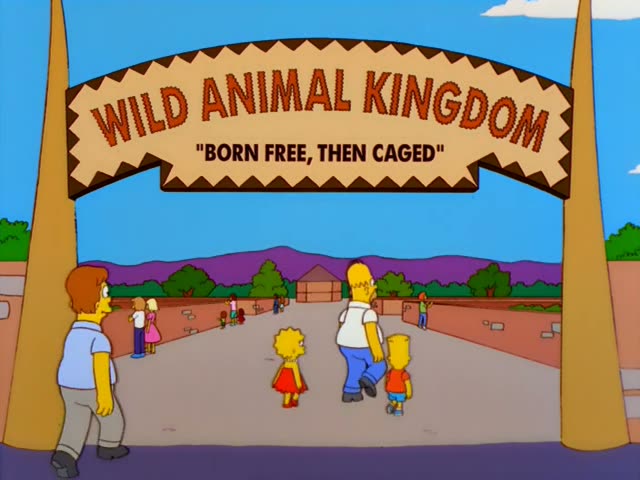 Homer, Lisa and Bart Simpson walk toward the entrance of the Wild Animal Kingdom, under a sign…
