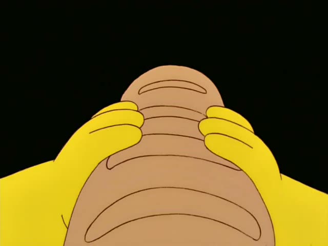 Homer is seen only through his hands and the top of his head against a black background