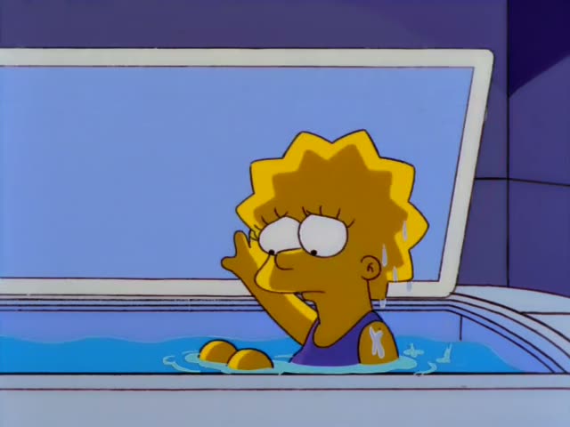 Lisa Simpson sits chin-deep in a blue tub of water, wearing a purple tank top against a pale blue wall with a white tub rim