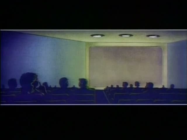 A silhouetted audience of cartoon figures sits in rows of theater seats, including a figure with a big spiky-haired mane…