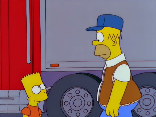 Bart and Homer stand beside a large red truck with a tire and a 'RED RASCAL' decal showing a cartoon woman and a wolf…