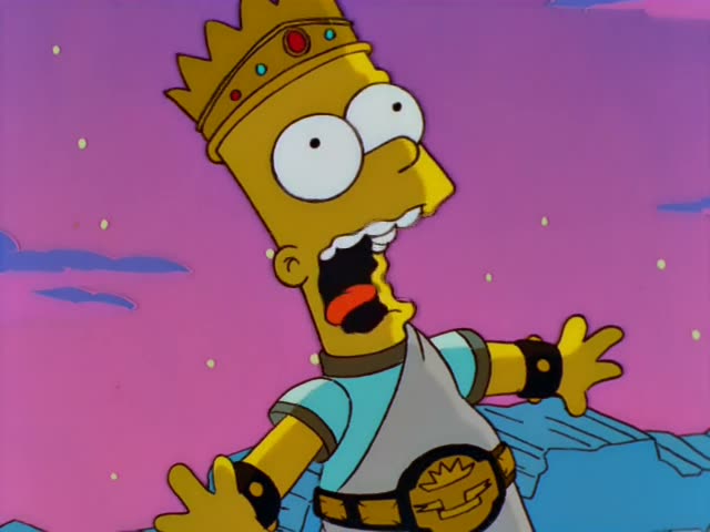 Bart stands on a blue ledge against a smoky purple sky, then a muscular shirtless brown-haired man in a wristband and brown…