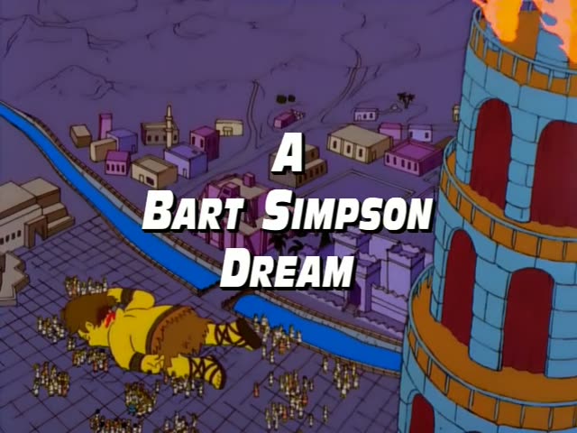 Bart Simpson appears first in a dream, with a yellow-skinned man in a tunic and sandals lying bloodied on a stone plaza…