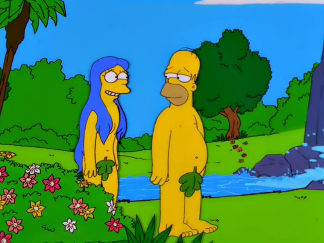 Homer and Marge stand together in a lush green garden beside a pond and waterfall