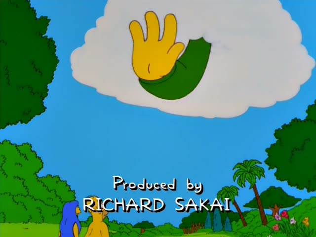 Homer and a nude woman with long blue hair stand and kneel on a grassy garden lawn beneath a tree, covering themselves…