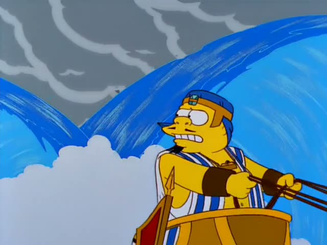 A yellow-skinned charioteer in a blue headband and striped white tunic grips the reins of a chariot at the front of a team…