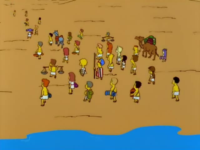 Small robed figures, including a spiky-haired Lisa and Bart, trudge across a sandy desert past a loaded camel and carry…