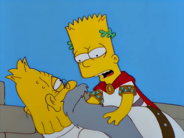 Bart sits on the chest of Grampa, a wrinkled old man with a grey beard and white spiky hair, who lies on stone tiles…