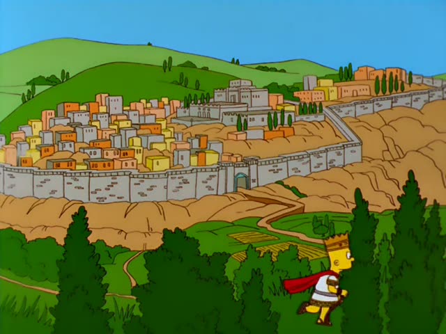 Bart first walks across a rocky hillside below a walled ancient city while cracked stone lettering fills the top…